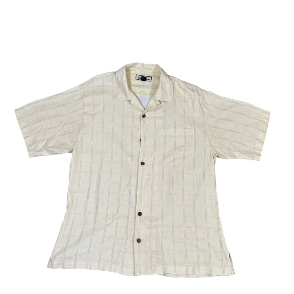 Tommy Bahama Mens Yellow 100% Silk Short Sleeve Grid Camp Shirt Size M